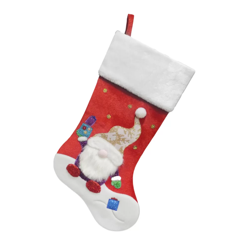 Christmas Forever STOCKING 20.5″ RED VELVET W/ FAUX FUR CUFF, METALLIC EMBROIDERY GNOME DESIGN