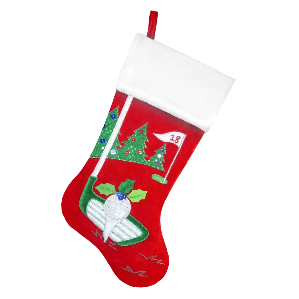 Christmas Forever STOCKING 20.5″ RED VELVET W/ FAUX FUR CUFF, METALLIC TEE EMBROIDERY