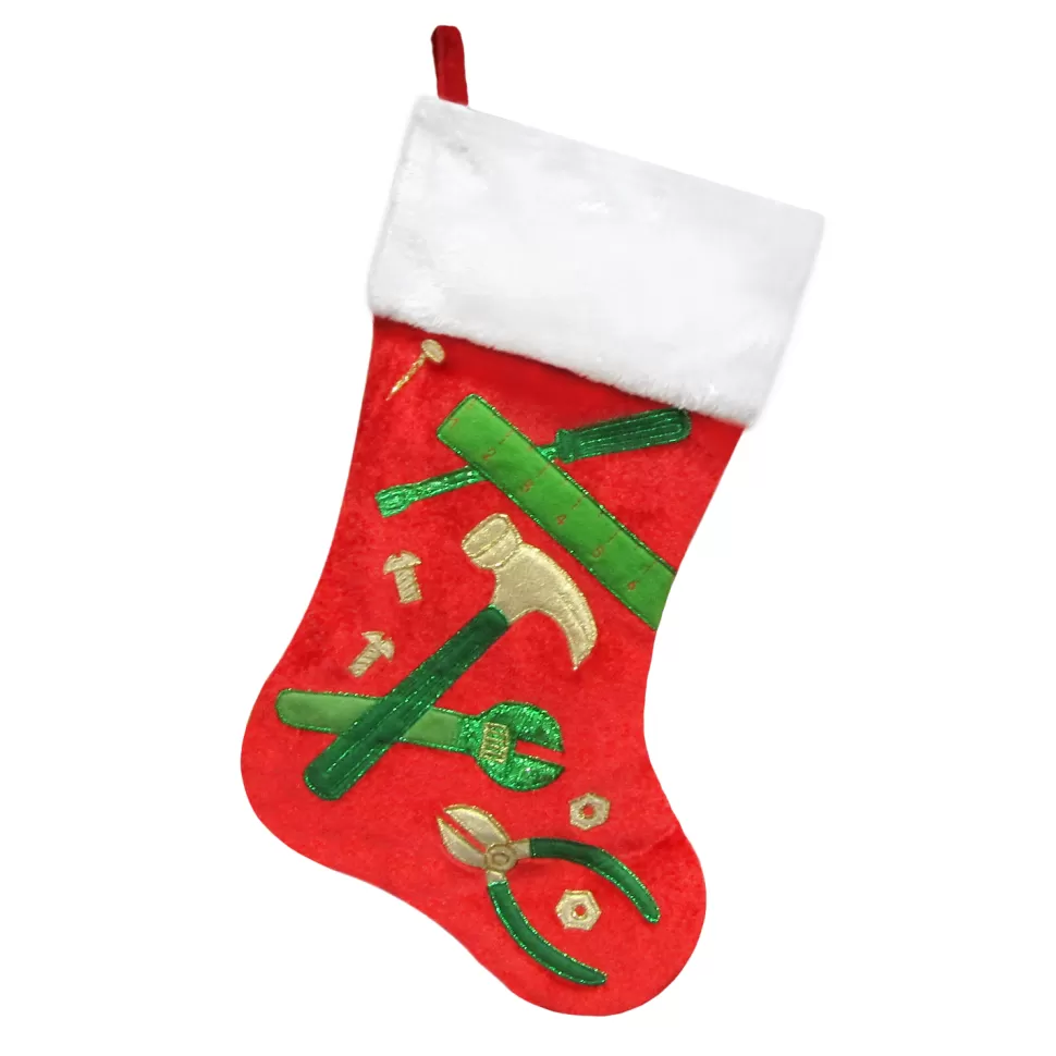 Christmas Forever STOCKING 20.5″ RED VELVET W/ FAUX FUR CUFF, METALLIC TOOLS EMBROIDERY