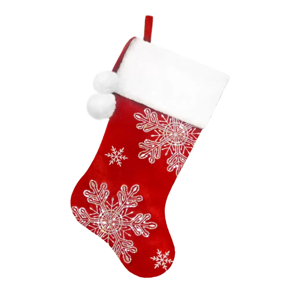Christmas Forever STOCKING 20.5″ RED VELVET W/ IRID. SNOWFLAKES SEQUINS EMBROIDERY, FAUX FUR CUFF W/ POM POMS