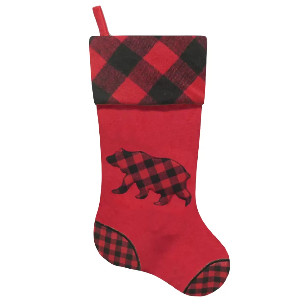 Christmas Forever STOCKING 20.5″ RED VELVET W/ PLAID CUFF APPLIQUE & EMBROIDERY- BEAR