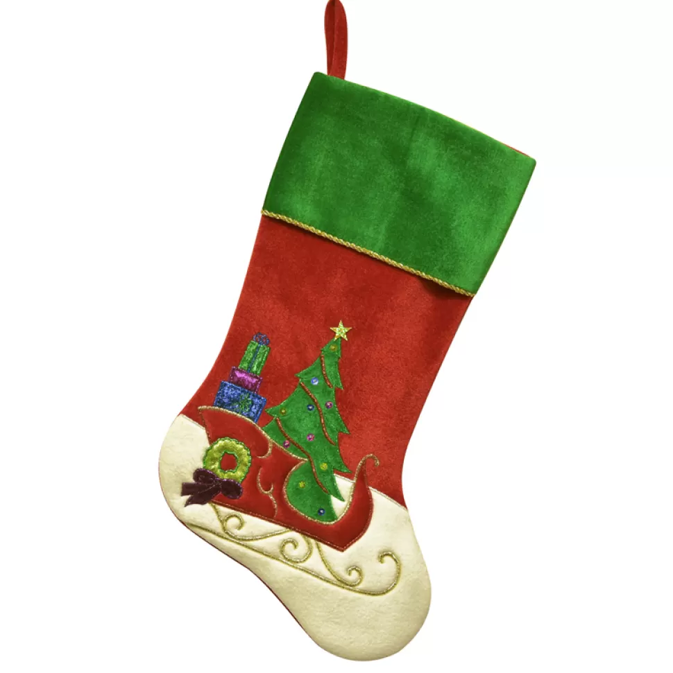 Christmas Forever STOCKING 20.5″ RED VELVET W/ SLEIGH APPLIQUE