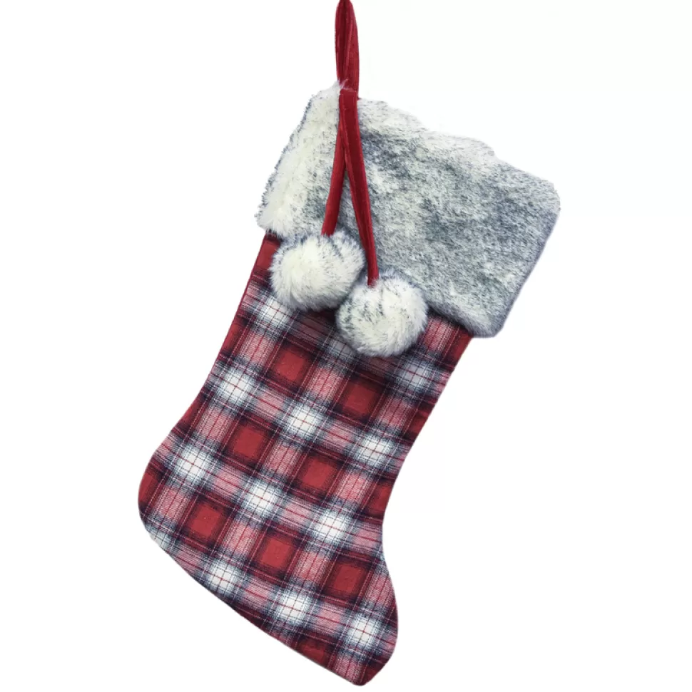 Christmas Forever STOCKING 20.5″ RED/ WHITE/ BLACK PLAID W/ FAUX FUR CUFF & POMPOMS