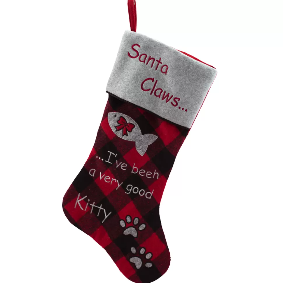 Christmas Forever STOCKING 20.5″ RED/BLACK PET CAT BUFFALO PLAID W/ FLEECE CUFF
