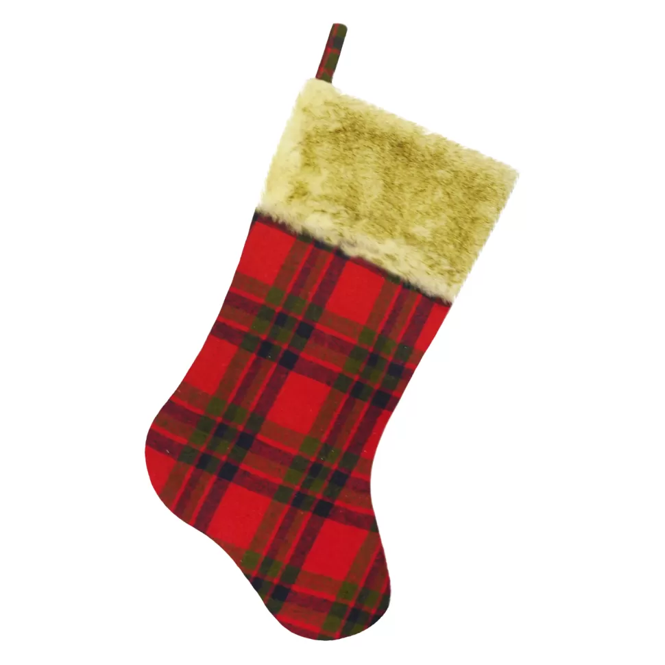 Christmas Forever STOCKING 20.5″ RED/GREEN PLAID W/ FAUX FUR CUFF
