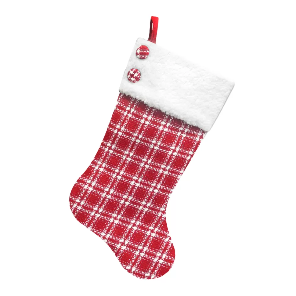 Christmas Forever STOCKING 20.5″ RED/WHITE PLAID W/ SHERPA CUFF & BUTTONS