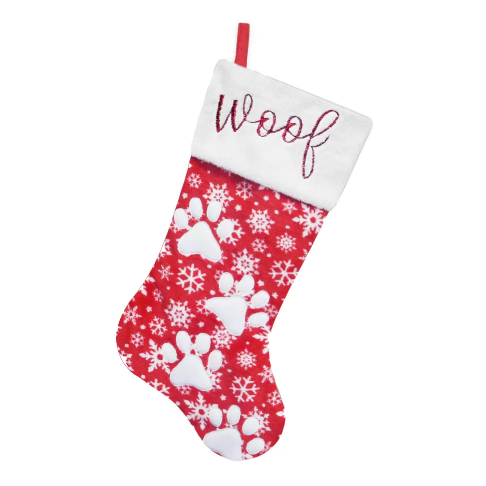 Christmas Forever STOCKING 20.5″ RED/WHITE SNOWFLAKE W/ APPLIQUE, FAUX FUR CUFF W/ PAW EMBROIDERY