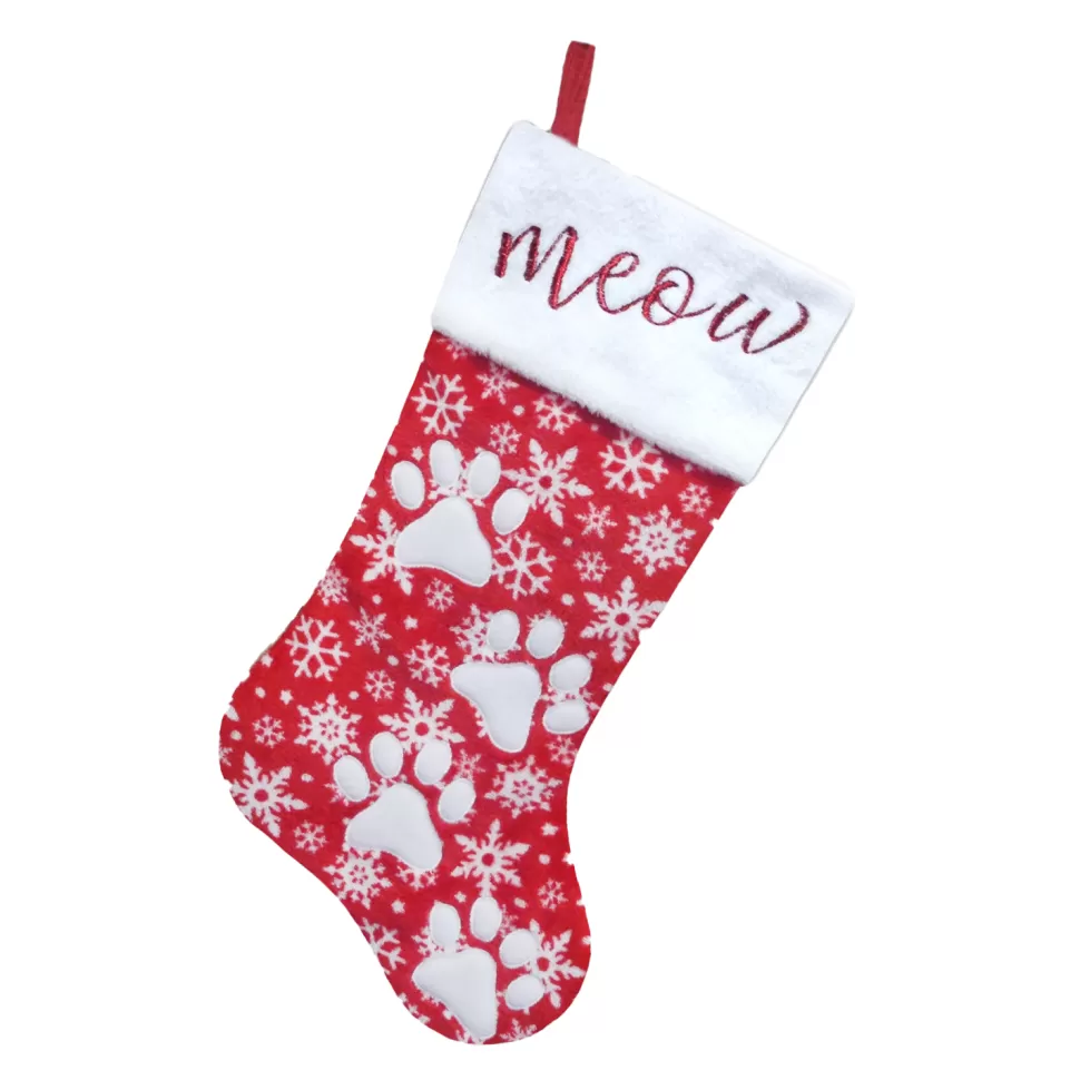 Christmas Forever STOCKING 20.5″ RED/WHITE SNOWFLAKE W/ APPLIQUE, FAUX FUR CUFF W/ PAW EMBROIDERY