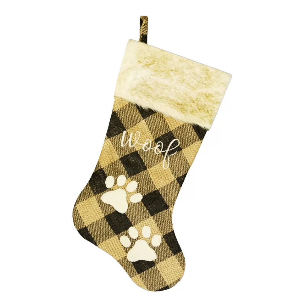 Christmas Forever STOCKING 20.5″ TAN/BLACK BURLAP PLAID W/ FAUX FUR CUFF, PAW EMBROIDERY