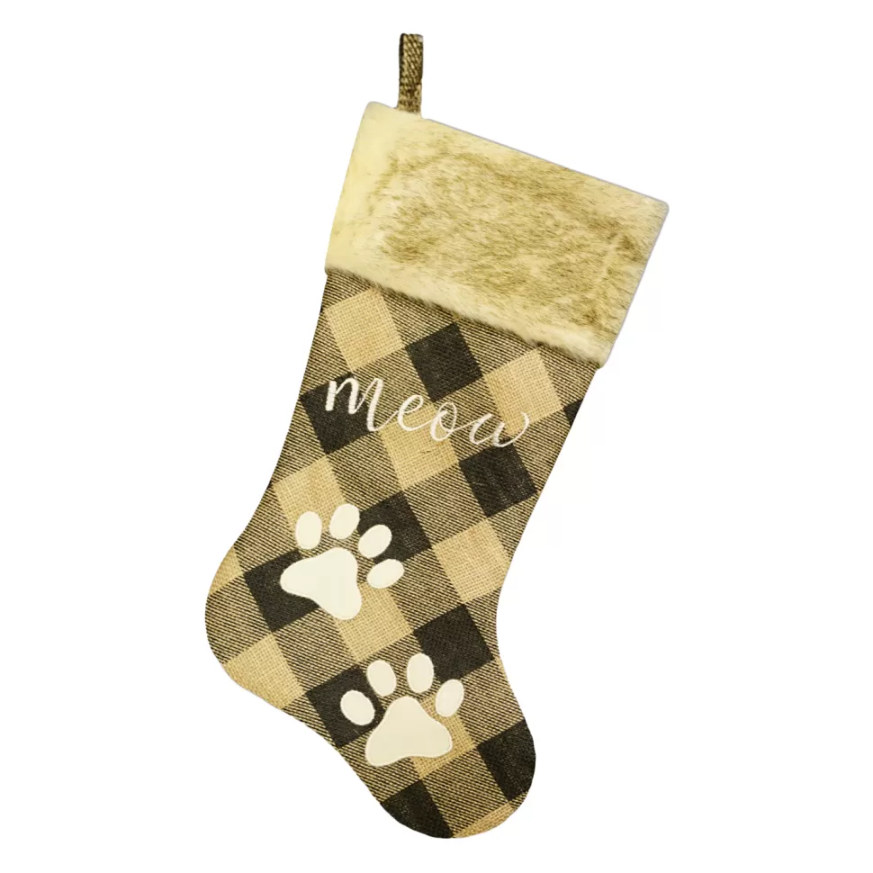 Christmas Forever STOCKING 20.5″ TAN/BLACK BURLAP PLAID W/ FAUX FUR CUFF, PAW EMBROIDERY