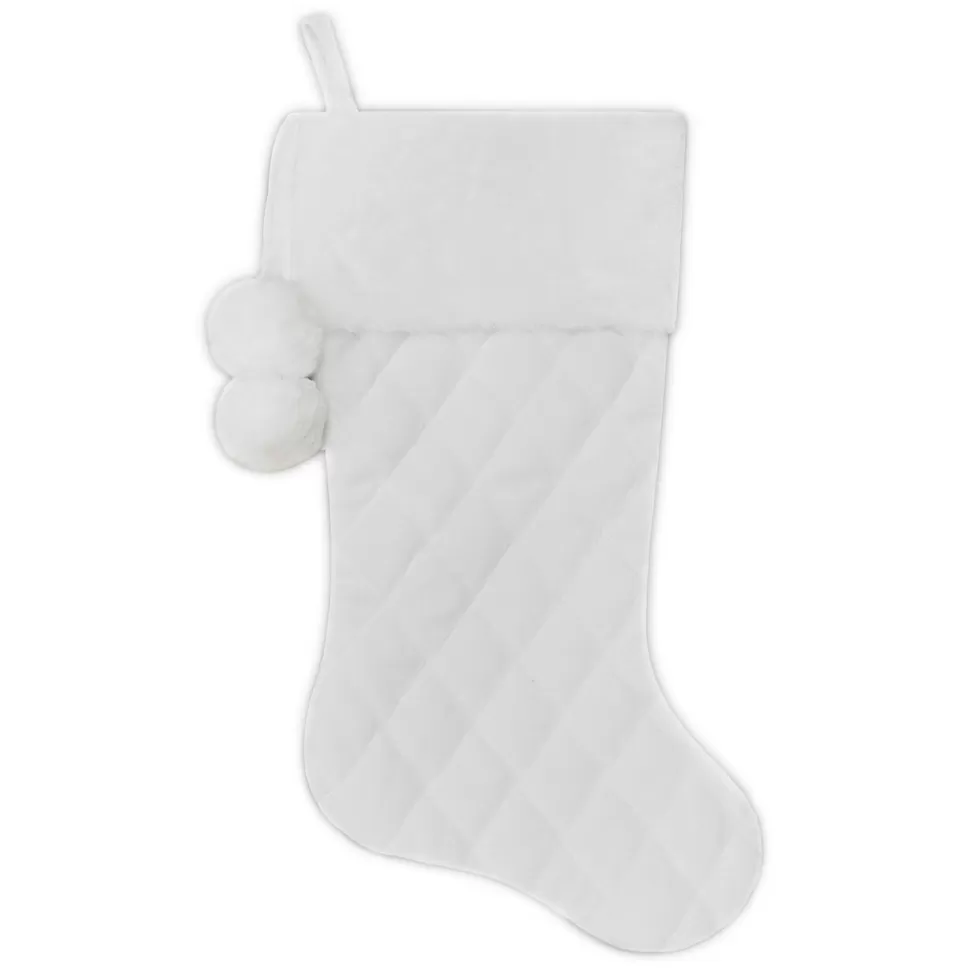 Christmas Forever STOCKING 20.5″ WHITE QUILTED VELVET WITH FAUX FUR CUFF & POM POMS
