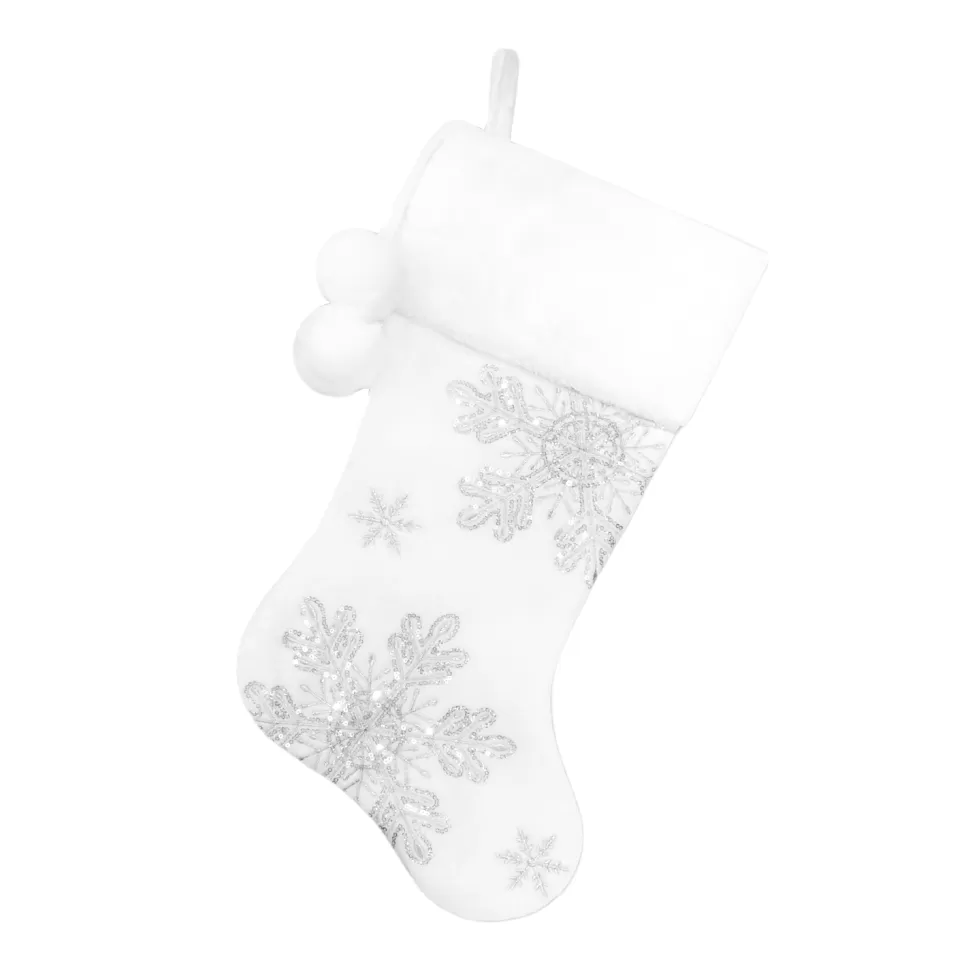 Christmas Forever STOCKING 20.5″ WHITE VELVET W/ IRID. SNOWFLAKES SEQUINS EMBROIDERY, FAUX FUR CUFF W/ POM POMS