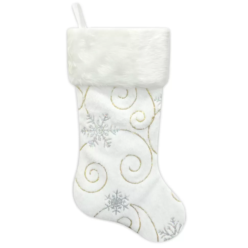 Christmas Forever STOCKING 20.5″ WHITE W/ SILVER SEQUINS SNOWFLAKE FAUX FUR WITH FAUX FUR CUFF