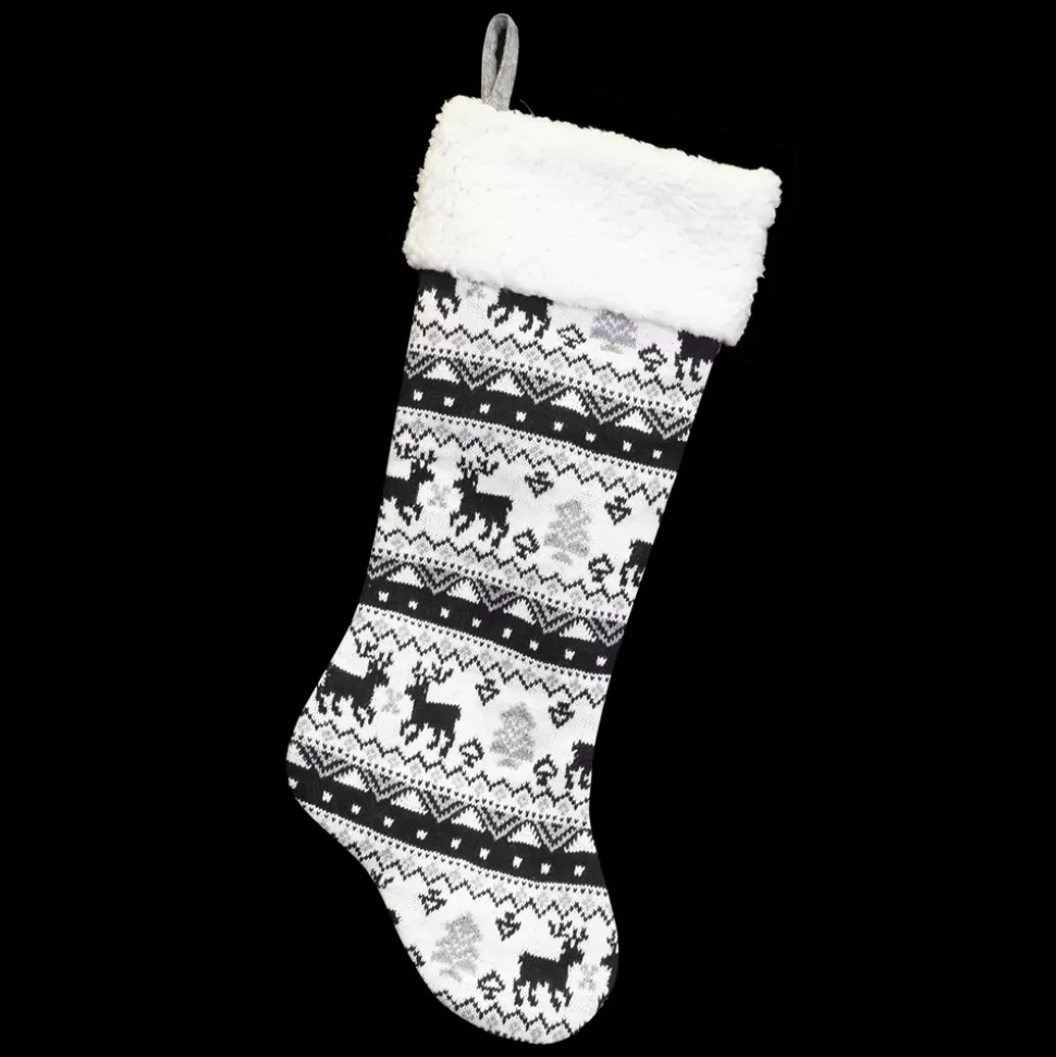 Christmas Forever STOCKING 21.5″ BLACK /WHITE KNITTED REINDEER PTRN W/SHERPA CUFF