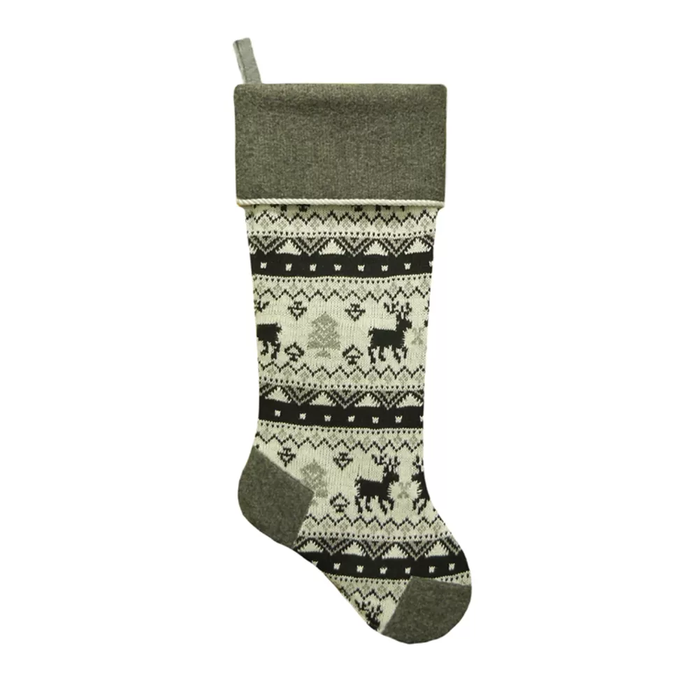 Christmas Forever STOCKING 21.5″ GRAY KNITTED & FLEECE W/ FLEECE CUFF & CORD, HEEL & TOE DESIGN
