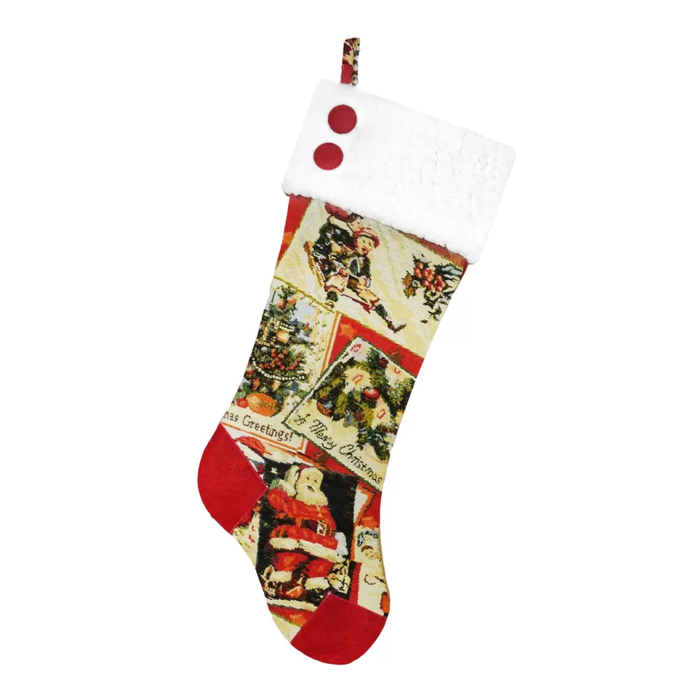 Christmas Forever STOCKING 21.5″ MULTI PATCHWORK TAPESTRY W/ SHERPA CUFF & BUTTONS