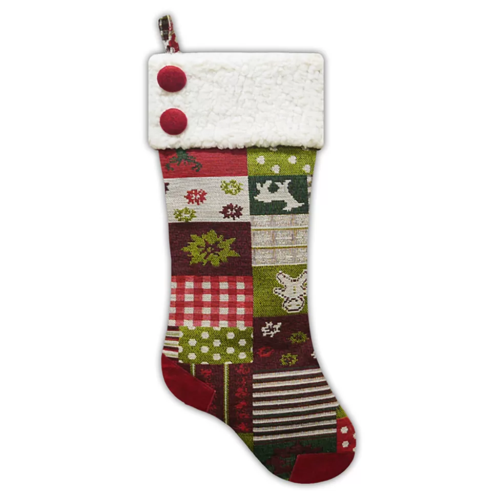 Christmas Forever STOCKING 21.5″ MULTI PATCHWORK TAPESTRY W/ SHERPA CUFF & BUTTONS