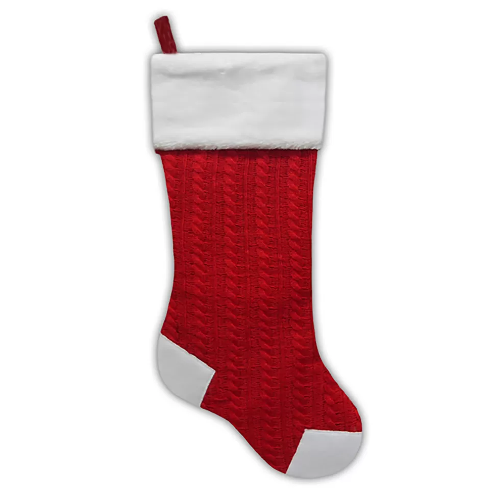 Christmas Forever STOCKING 21.5″ RED KNITTED & FLEECE W/ FAUX FUR CUFF, HEEL AND TOE DESIGN