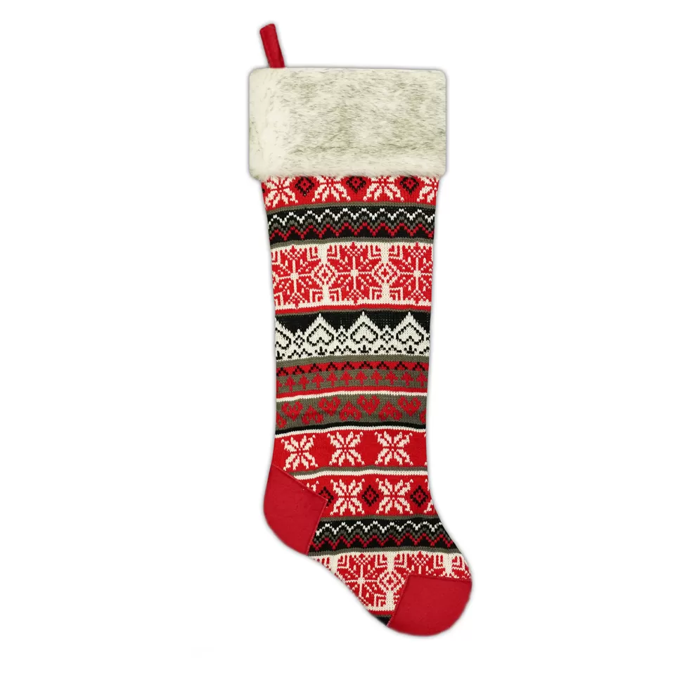 Christmas Forever STOCKING 25″ RED/ WHITE/ BLACK KNITTED & FLEECE W/ FAUX FUR CUFF, HEEL & TOE DESIGN