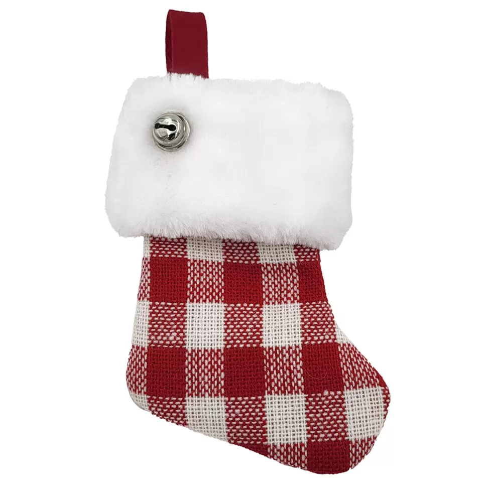 Christmas Forever STOCKING 6″ MINI RED/WHITE CHECK W/ FAUX FUR CUFF