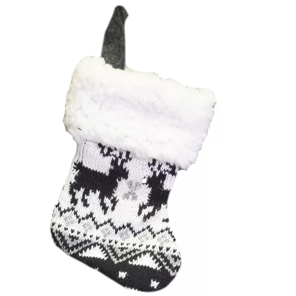Christmas Forever STOCKING MINI 6″ BLACK/ WHITE KNITTED REINDEER PATTERN W/FUR CUFF