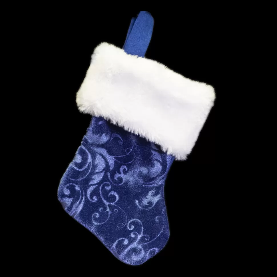 Christmas Forever STOCKING MINI 6″ BLUE ETCHED VELVET W/ FUR CUFF