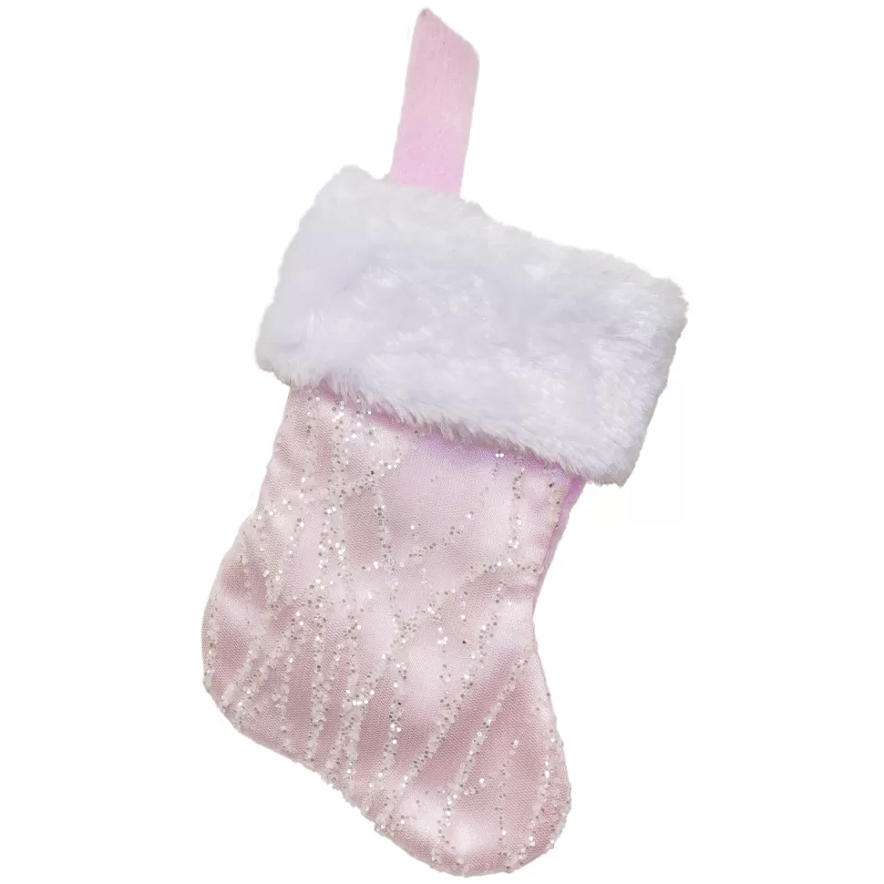 Christmas Forever STOCKING MINI 6″ PINK ORGANZA W/ SILVER GLITTER WAVE PATTERN & FAUX FUR CUFF