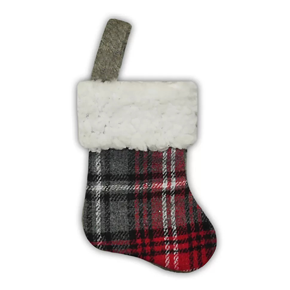 Christmas Forever STOCKING MINI 6″ RED/ BLACK/ GRAY PLAID W/ SHERPA CUFF