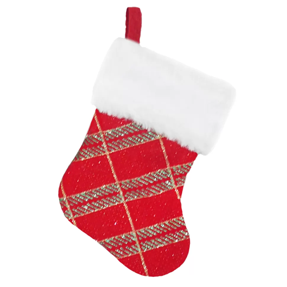 Christmas Forever STOCKING MINI 6″ RED/GREEN GLITTER PRINT PLAID W/ FAUX FUR CUFF