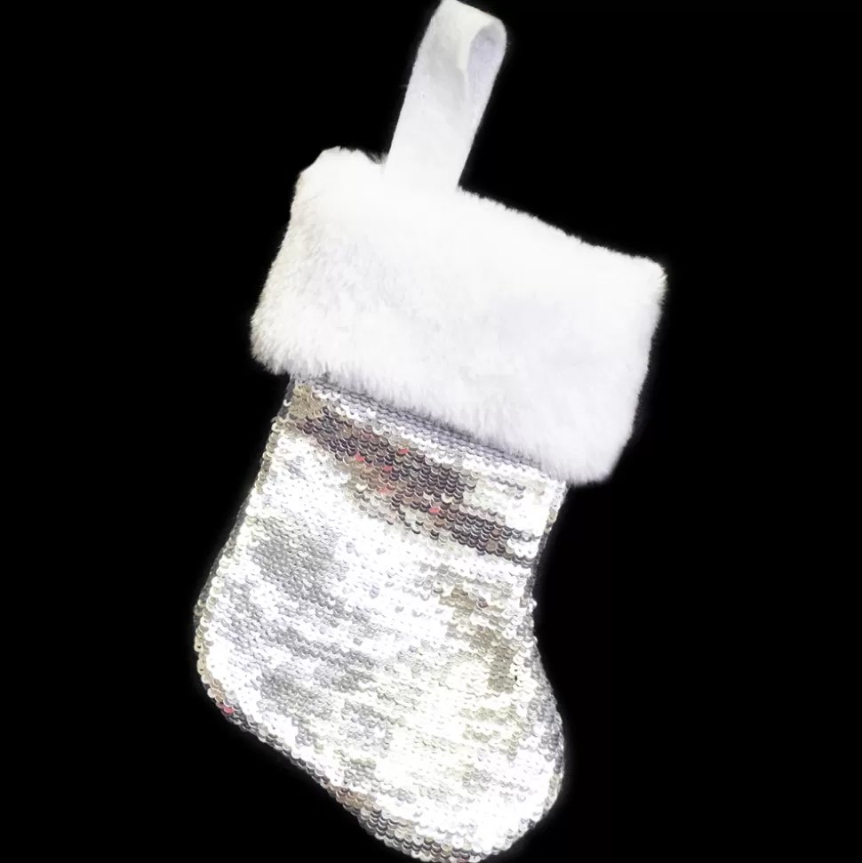 Christmas Forever STOCKING MINI 6″ SILVER SEQUIN W/FAUX FUR CUFF