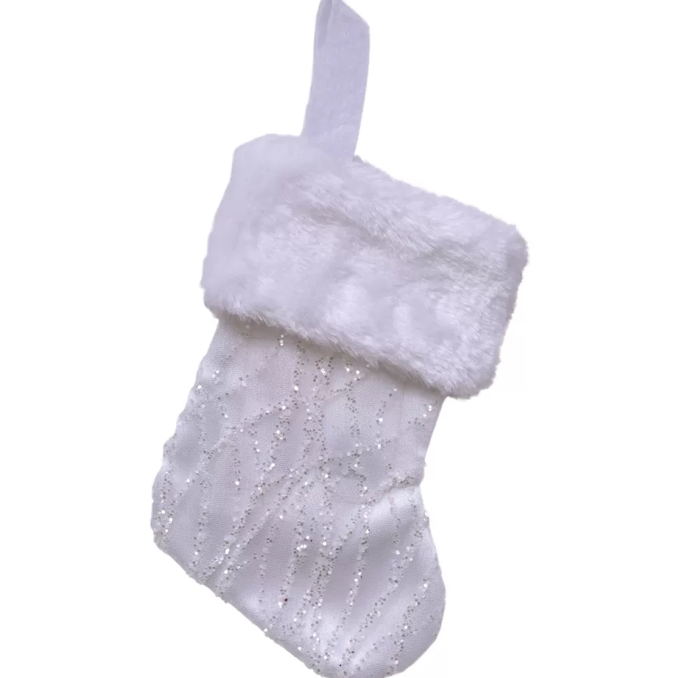 Christmas Forever STOCKING MINI 6″ WHITE ORGANZA W/ SILVER GLITTER WAVE PATTERN & FAUX FUR CUFF