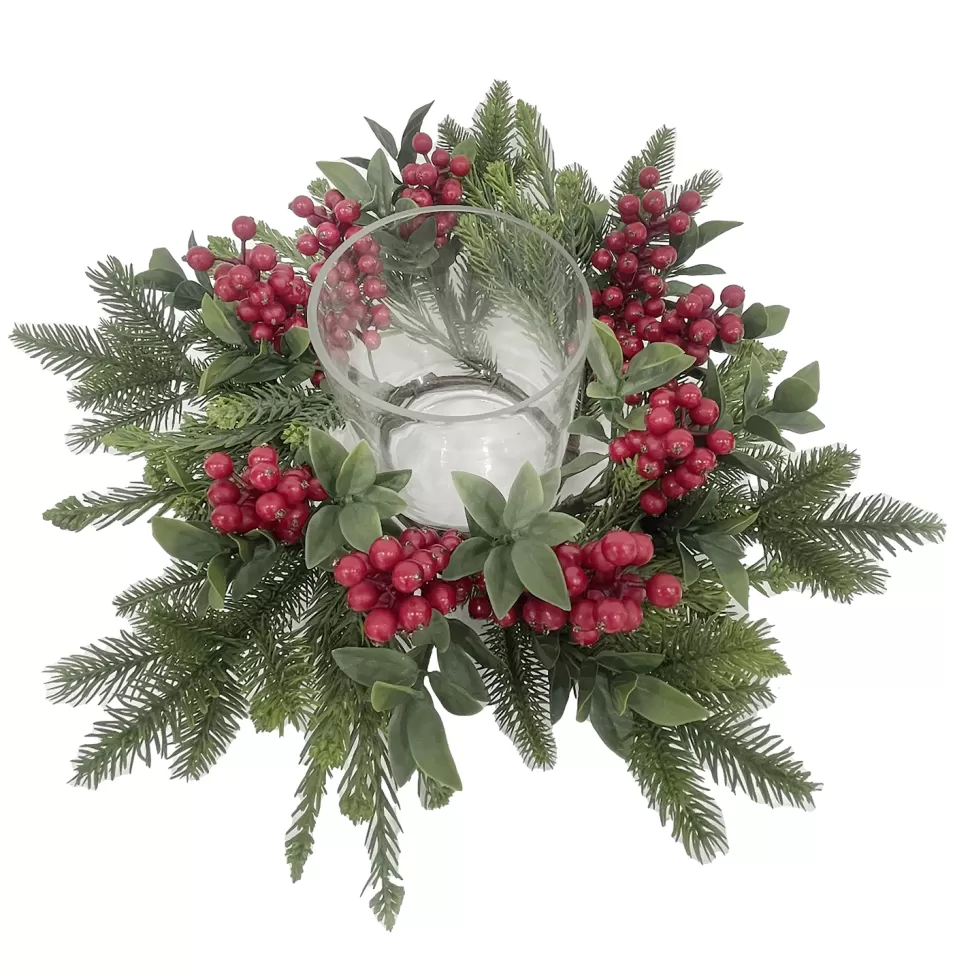 Christmas Forever TABLE DECOR W/ CANDLE HOLDER 14″ RED BERRIES W/ PE PINE