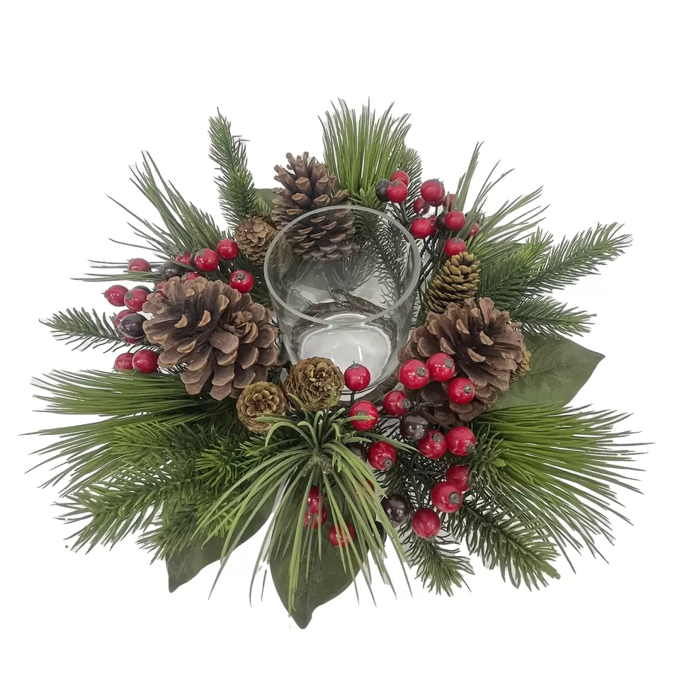 Christmas Forever TABLE DECOR W/ CANDLE HOLDER 16″ W/ RED BERRIES NEEDLE PINE & CONES