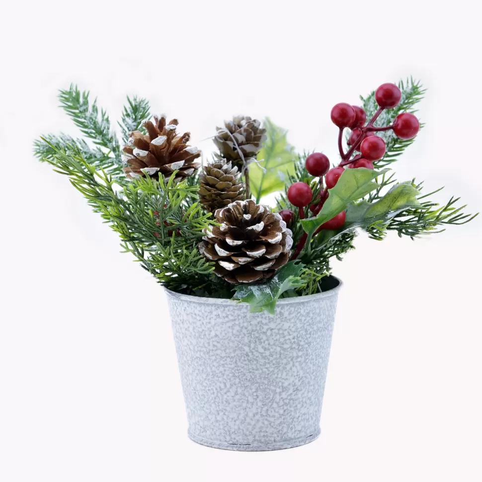 Christmas Forever TABLE PIECE 8″ MIXED GREENS W/ PINE CONES & BERRIES IN POT