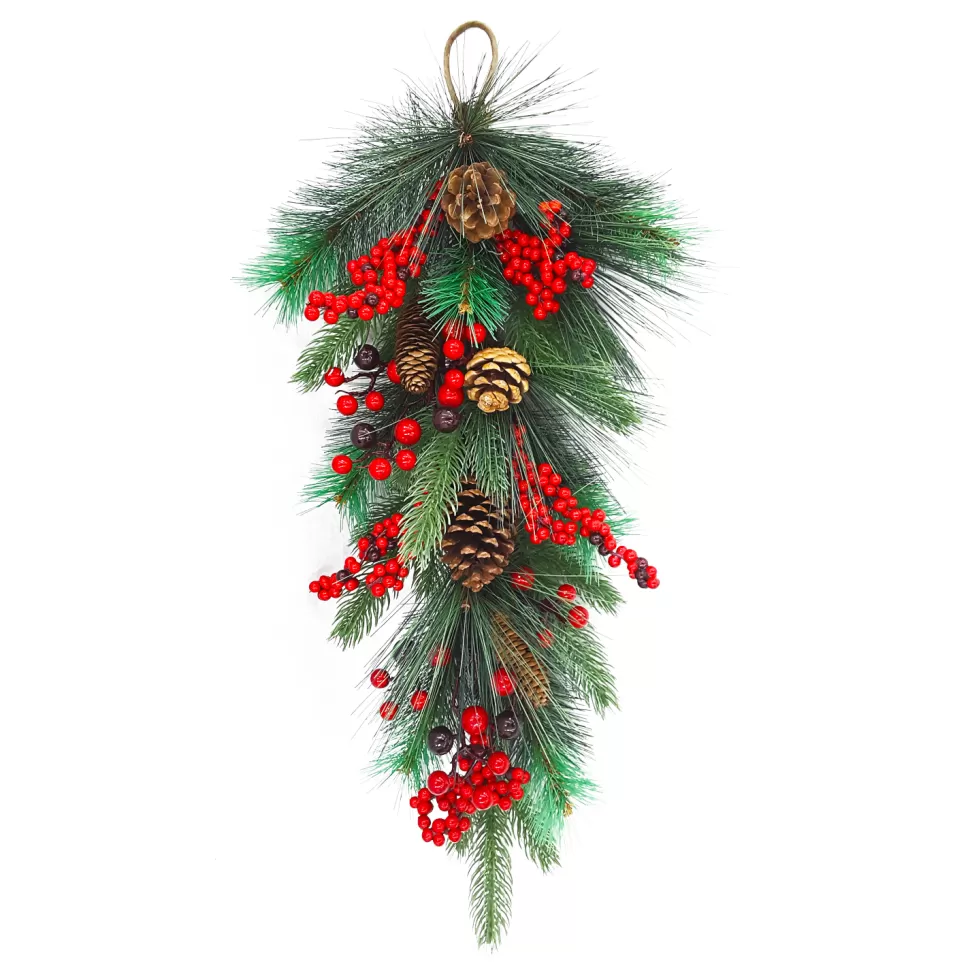 Christmas Forever TEARDROP GRN 28″ RED CLUSTER BERRY W/PINE & CONES
