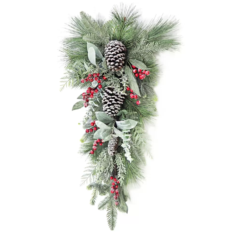 Christmas Forever TEARDROP GRN 30″ MIXED PINE, CEDAR, RED BERRIES & CONES ICED/ ICED / FROSTED