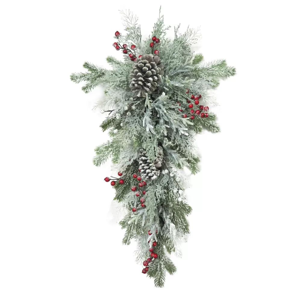 Christmas Forever TEARDROP GRN 30″ MIXED PINE, CEDAR, RED BERRIS & CONES FROSTED & ICED