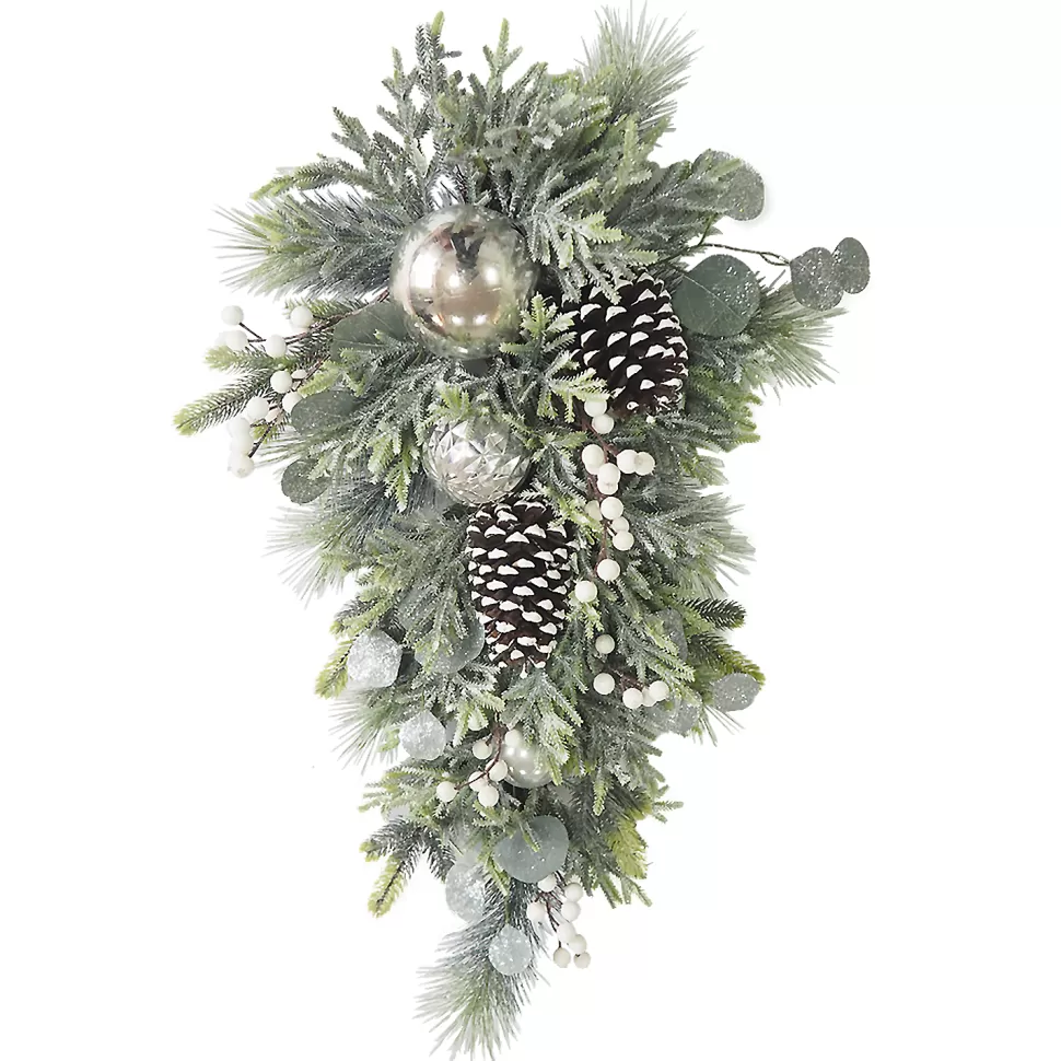 Christmas Forever TEARDROP PINE FROSTED 30″ MIXED PINE W/ EUCALYPTUS, BLACK BERRIES & PINE CONES