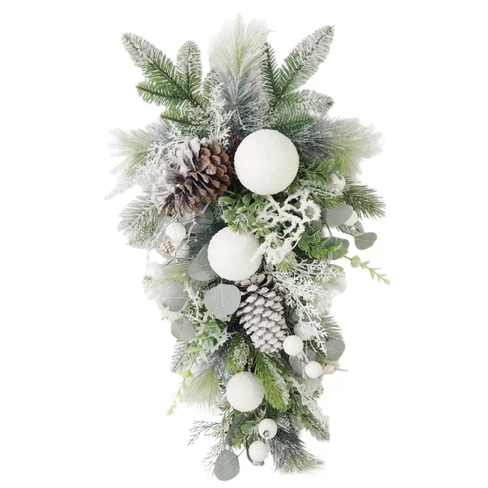 Christmas Forever TEARDROP PINE FROSTED 30″ MIXED PINE W/ PINE CONES & SNOW BALLS