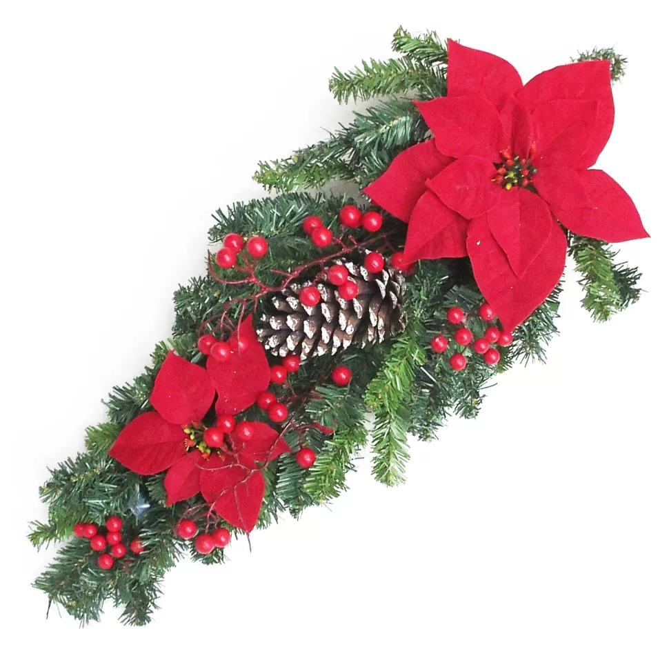 Christmas Forever TEARDROP RED POINSETTIA 24″ W/RED BERRIES, | EUCALYPTUS & CONES