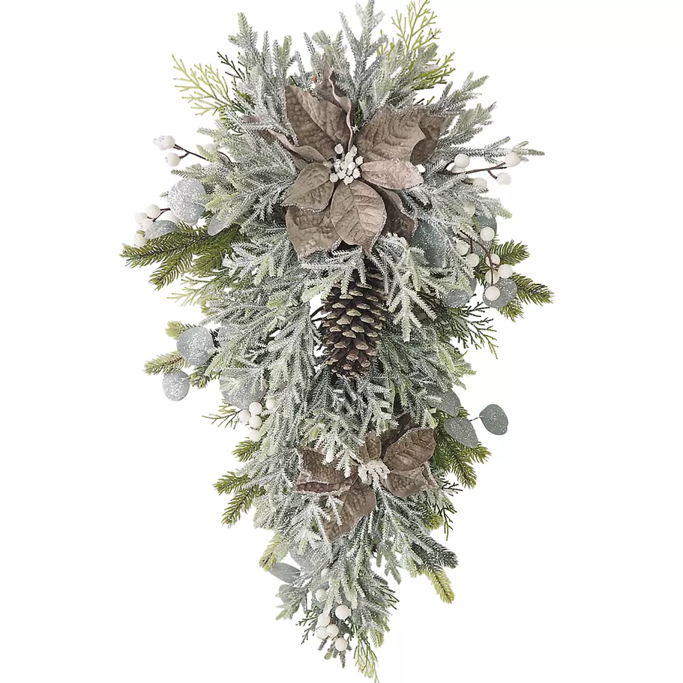 Christmas Forever TEARDROP TAUPE POINSETTIA 30″ FROSTED W/ MIXED GREENS, PINE CONES, & BERRIES