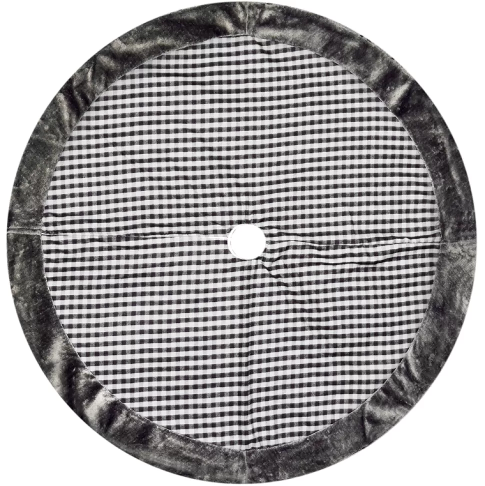 Christmas Forever TREE SKIRT 42″ BLACK/ WHITE CHECK W/ GRAY FUR BORDER