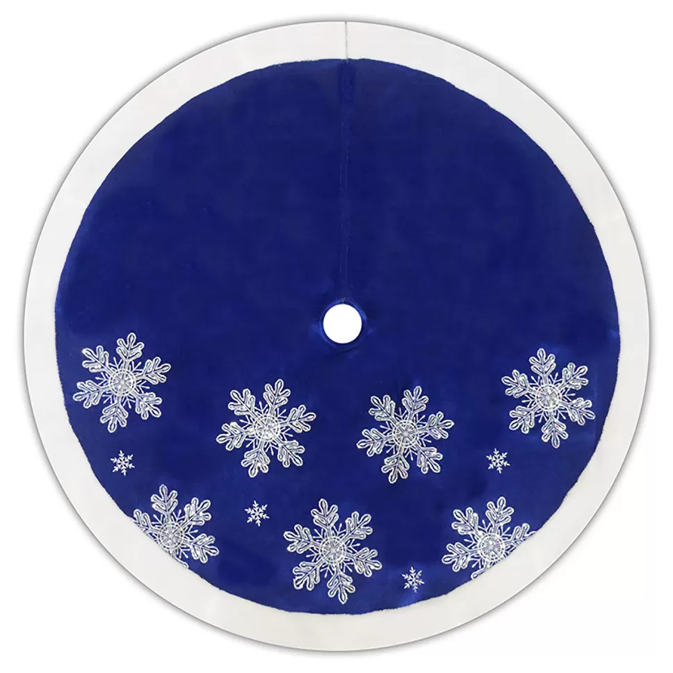 Christmas Forever TREE SKIRT 48″ BLUE VELVET W/ FAUX FUR BORDER, IRID. SNOWFLAKES SEQUINS EMBROIDERY