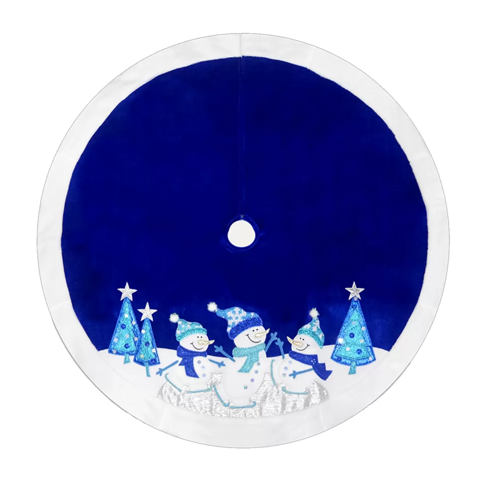 Christmas Forever TREE SKIRT 48″ BLUE/WHITE VELVET W/ FAUX FUR BORDER, METALLIC EMBROIDERY
