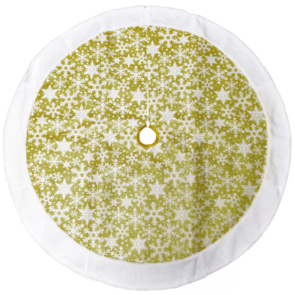 Christmas Forever TREE SKIRT 48″ GLOD GLITTER W/ WHT SNOWFLAKES AND FAUX FUR BORDER