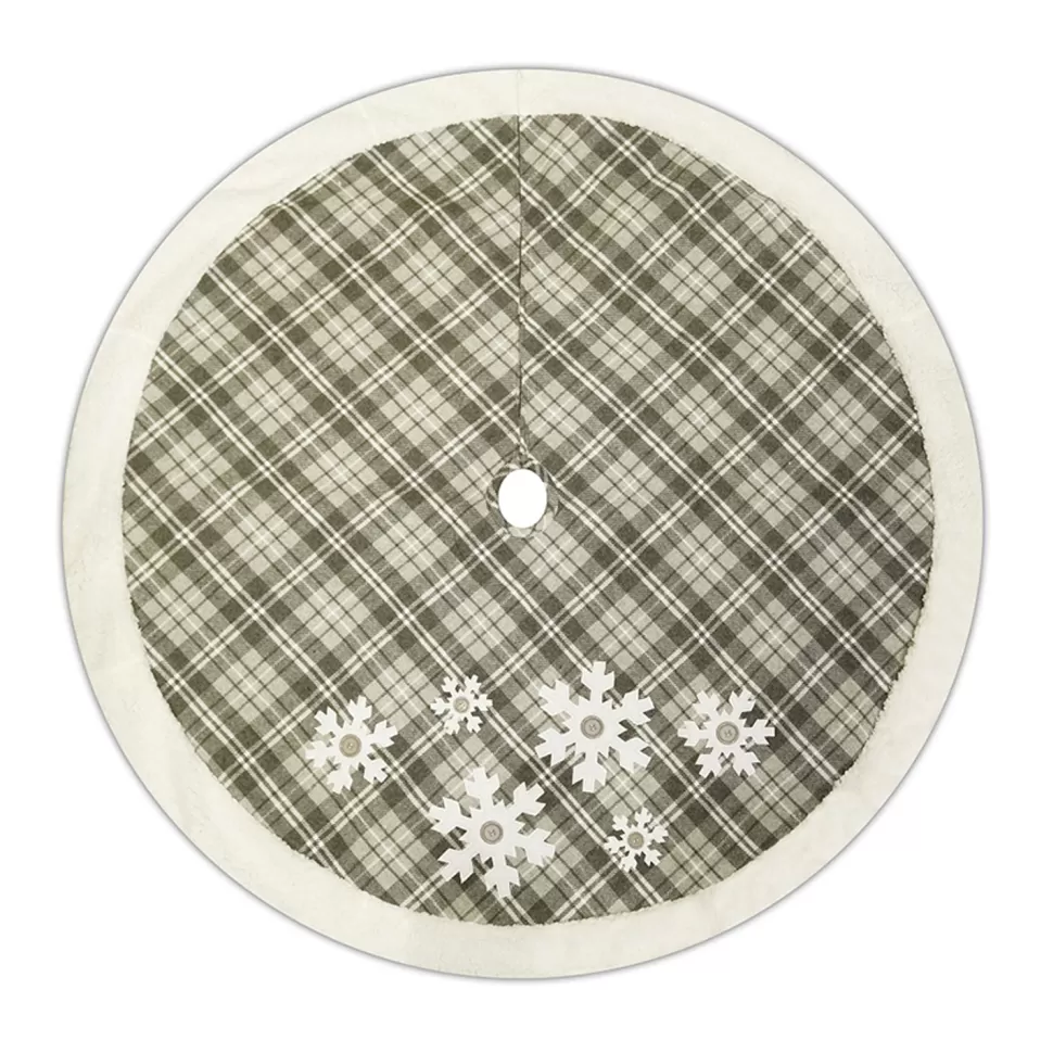 Christmas Forever TREE SKIRT 48″ GRAY PLAID W/ SHERPA BORDER, EMBROIDERY, SNOWFLAKE DESIGN