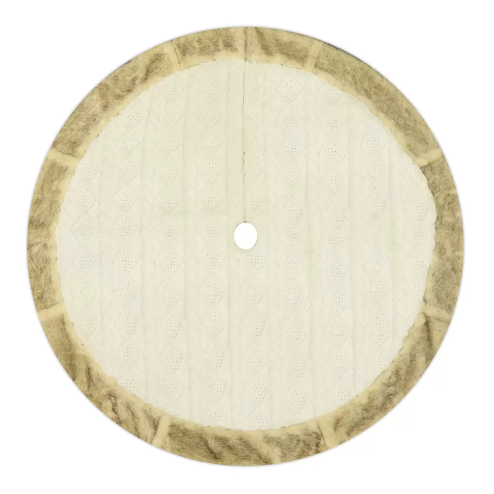 Christmas Forever TREE SKIRT 48″ IVORY CABLE KNIT W/ FAUX FUR BORDER
