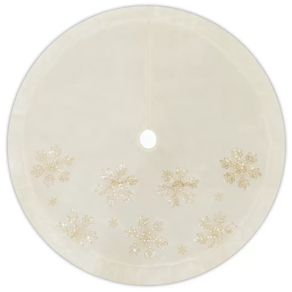 Christmas Forever TREE SKIRT 48″ IVORY VELVET WITH FAUX FUR BORDER GOLD SNOWFLAKE SEQUINS & EMBROIDERY