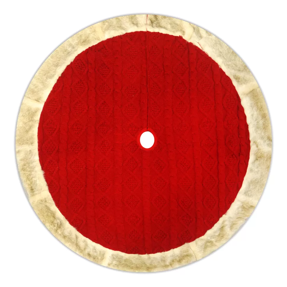 Christmas Forever TREE SKIRT 48″ RED CABLE KNIT W/ FAUX FUR BORDER