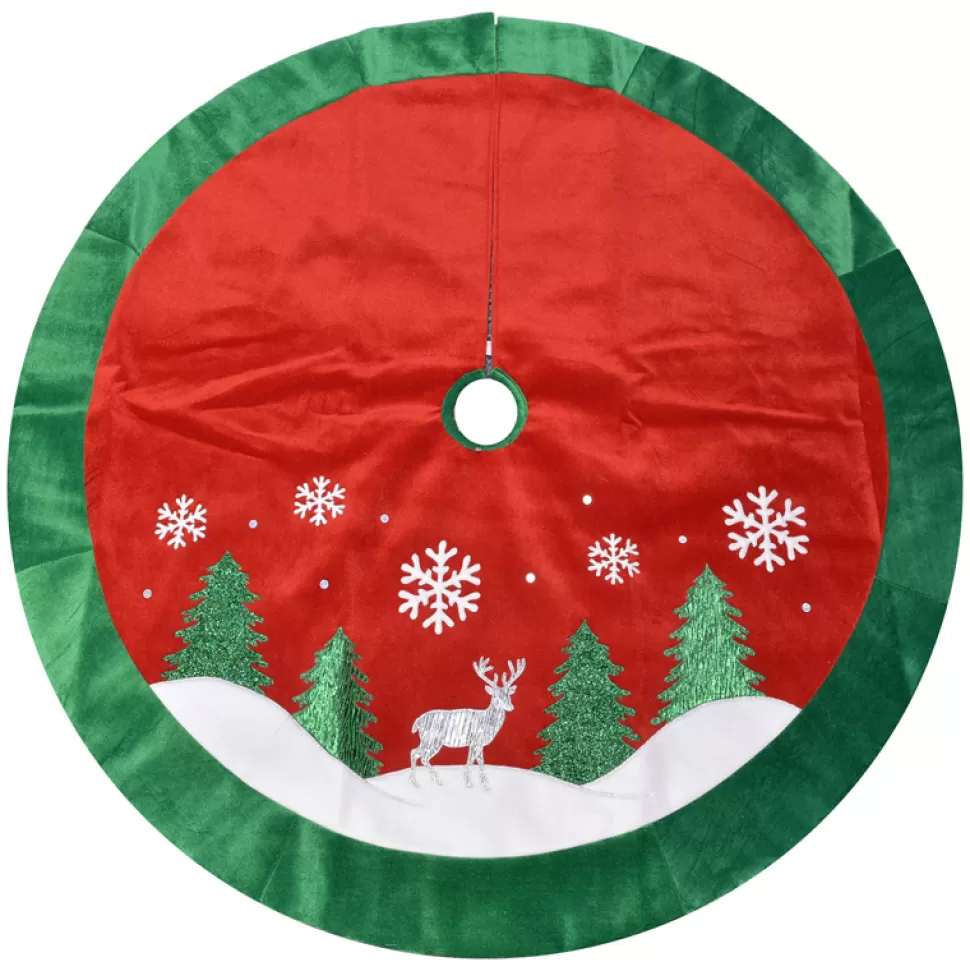 Christmas Forever TREE SKIRT 48″ RED/ GREEN VELVET W/ METALLIC REINDEER AND TREE APPLIQUE
